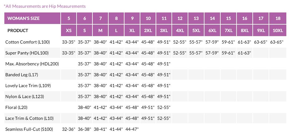 Wearever Women Size Chart